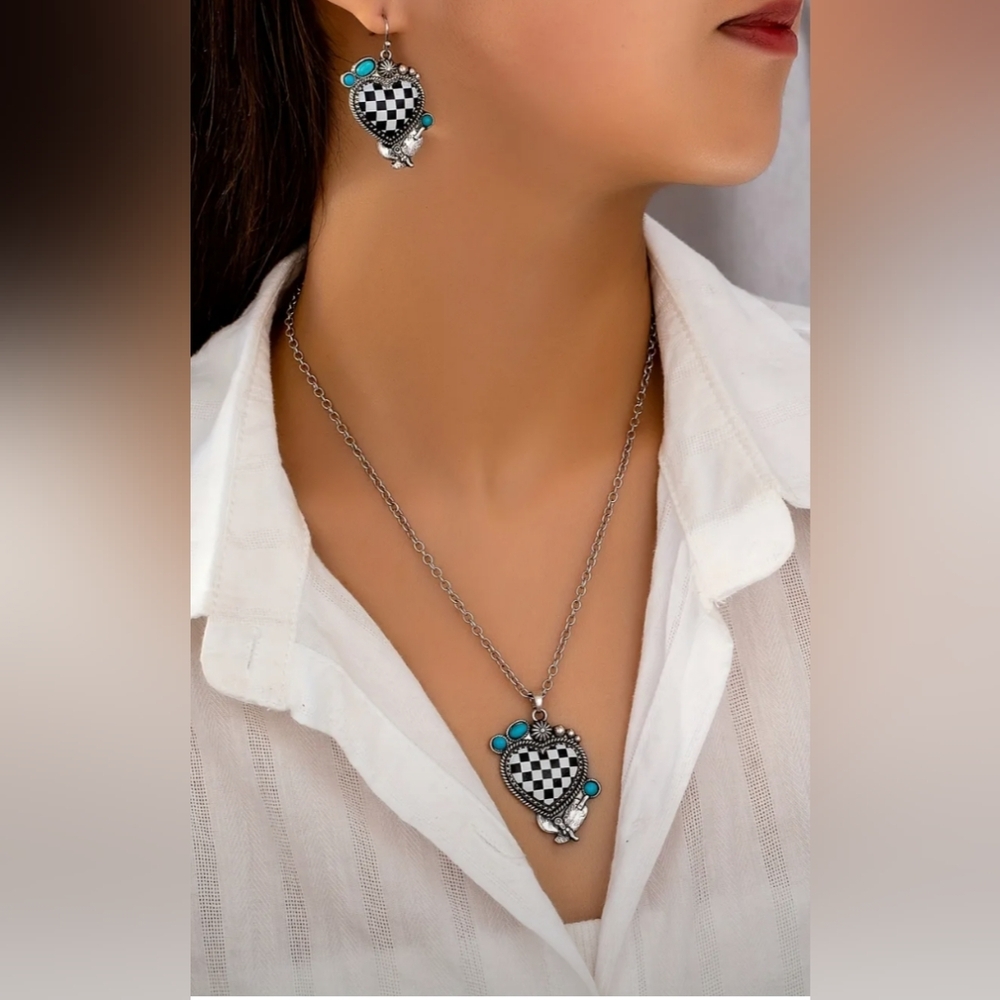2/$40 Silver and Blue Heart Pendant Necklace and‎ Earrings Set-(#0264)